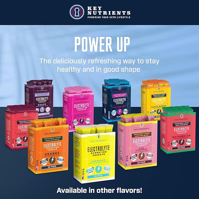 KEY NUTRIENTS Electrolytes Powder Packets - Delicious Blue Raspberry 20 Pack Hydration Packets - Travel Hydration Powder - Made in USA - No Sugar, No Calories, Gluten Free