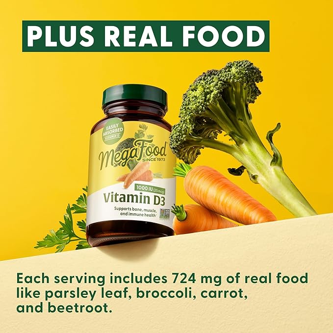 MegaFood Vitamin D3 1000 IU (25 mcg) - Vitamin D Supplements with Real Food, Immune Support, Supports Bones, Teeth & Muscles, Vegetarian, Gluten-Free, Non-GMO, Kosher – 90 Tablets, 90 Servings