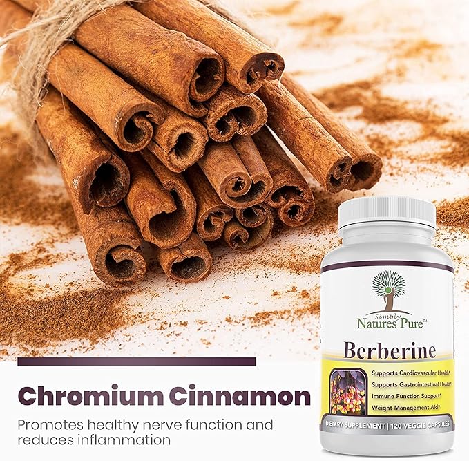 Simply Natures Pure Premium Berberine HCl 500mg - 120 Capsules - Cardiovascular Gastrointestinal Immune Support - Chromium Cinnamon (Pack of 2)