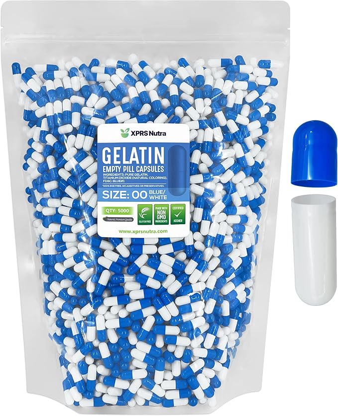 XPRS Nutra Size 00 Empty Capsules - 5000 Count Empty Gelatin Capsules - Empty Pill Capsules - DIY Capsule Filling - Fillable Pill Capsules Empty Gel Caps (Blue/White)