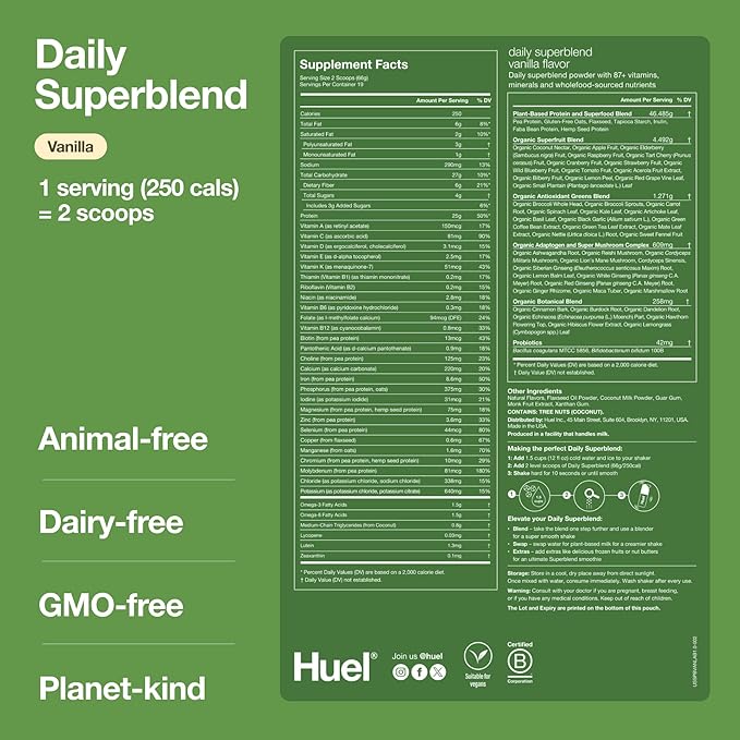 Huel Daily Superblend Vanilla Powder, 25g 87 Vitamins, 19 Servings,