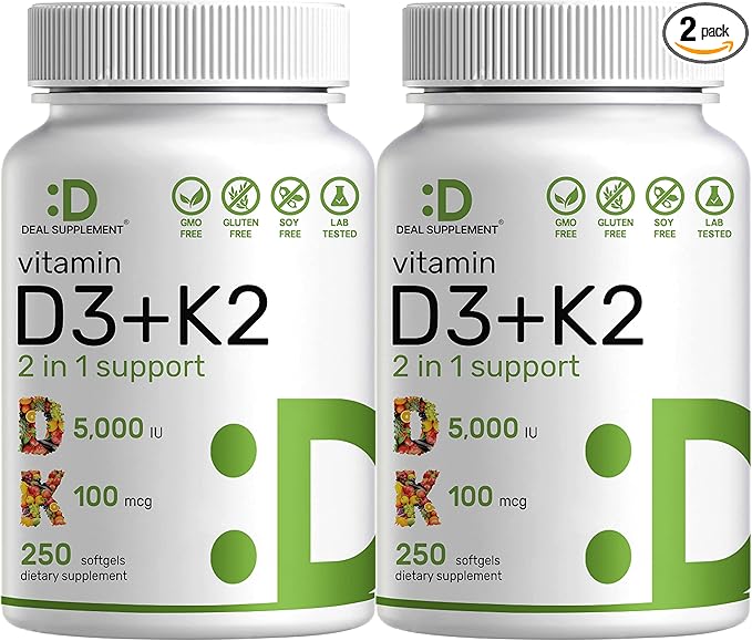 DEAL SUPPLEMENT 2 Pack Vitamin D3 5,000 IU + K2 MK7 Softgels, 500 Count | 2-in-1 Complex | Supports Heart, Bone, Teeth & Immune Health | Easy to Swallow