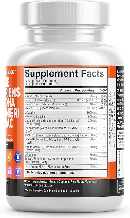 Clean Nutraceuticals L Tyrosine 1000mg Mucuna 6000mg Bacopa 500mg Ashwagandha 4000mg Focus 600mg NAC 5-HTP Ginkgo B1 B12 B12