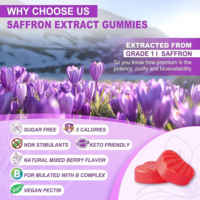 Saffron Gummies - Saffron Supplement Gummies 100% Pure Saffron Extract Whole Herb Gummies with Honey for Mood & Power, Vitamin B6, B12, D3, C - Sugar Free - Organic, Vegan, Mixed Berry Flavor - 60Cts