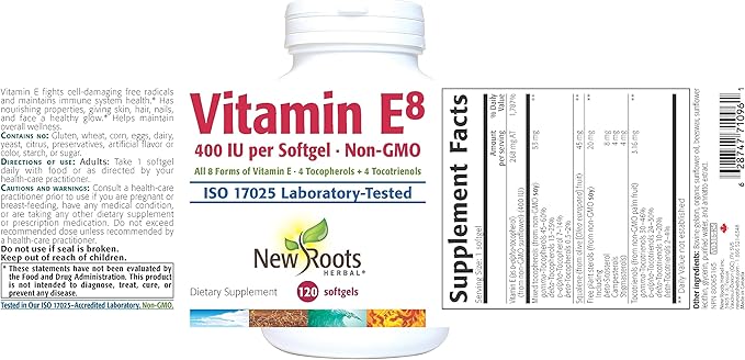 NEW ROOTS HERBAL Vitamin E8 400 (120 Softgels) 4 Tocopherols 4 Tocotrienols