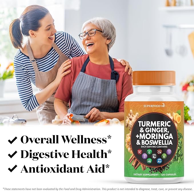 Turmeric Moringa Supplement | Ginger, Boswellia, Saffron, Holy Basil- Joint Support Supplement for Women and Men with Ceylon Cinnamon, Quercetin, Tart Cherry- 120 Count