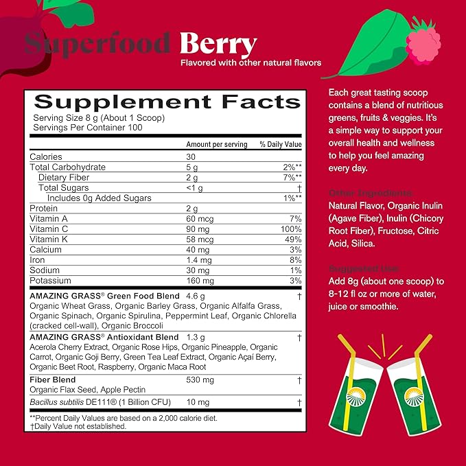 Amazing Grass Greens Superfood Powder: Greens Powder with Digestive Enzymes & Probiotics, Organic Spirulina, Chlorella, and Beet Root Powder, Berry, 100 Servings