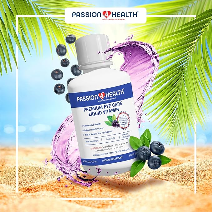 Passion 4 Health Liquid Eye Vitamins - Natural Vision & Premium Eye Health Support with Maqui Berry Extract, Gluten-Free, Non-GMO, No Sugar - Adult Eye Care Supplement, 30-Day Supply, Made in USA