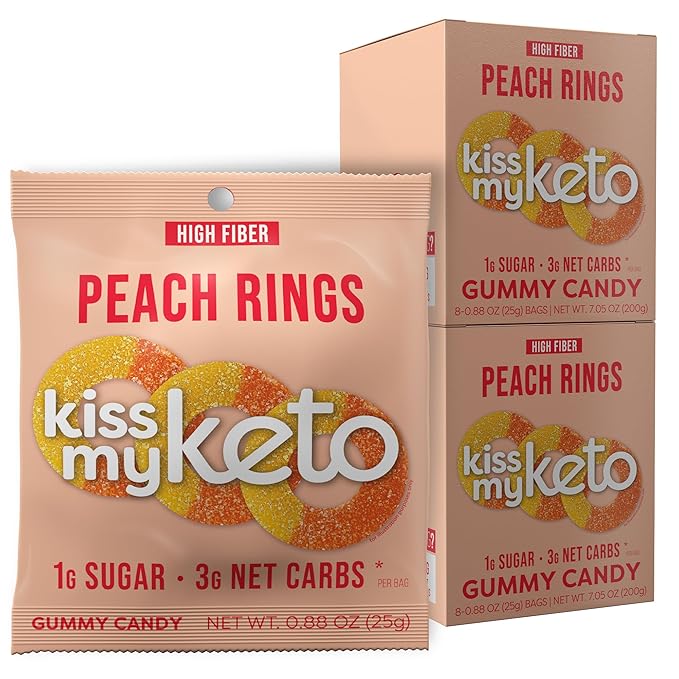 Kiss My Keto Gummy Peach Rings Candy – 1g Sugar, Low Carb, High Fiber, non-GMO Peach Ring Candy – Healthy Peach Gummy Rings, Bag of Peach Rings – Peach Rings Candy Bulk Peach Rings Bulk (16-Pack)
