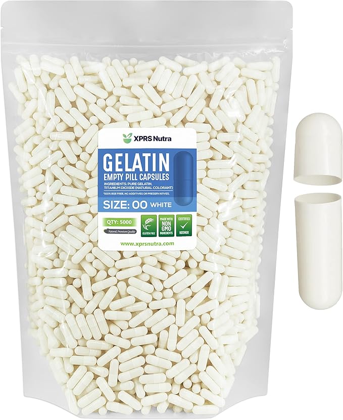 XPRS Nutra Size 00 Empty Capsules - 5000 Count Empty Gelatin Capsules - Empty Pill Capsules - DIY Capsule Filling - Fillable Pill Capsules Empty Gel Caps (White)