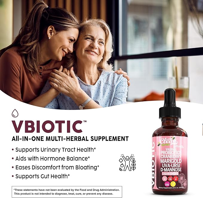 Clean Nutraceuticals VBiotic Vaginal Probiotic for Women Liquid Drops | Cranberry Uva Ursi Horsetail D-Mannose Prebiotics Marigold & Black Cohosh Vaginal Health Supplement | pH Balance