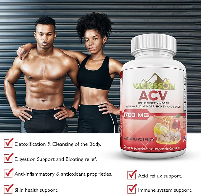 Vicksson Apple Cider Vinegar Pills 1700 mg of ACV with Garlic, Ginger, Lemon & Honey for Weight, Detox, Cleanse, Appetite, Bloating, Metabolism & Immune Support | 120 Capsules