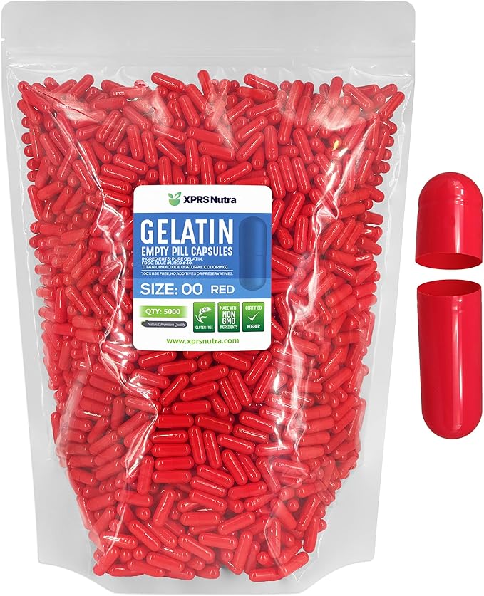 XPRS Nutra Size 00 Empty Capsules - 5000 Count Empty Gelatin Capsules - Empty Pill Capsules - DIY Capsule Filling - Fillable Pill Capsules Empty Gel Caps (Red)
