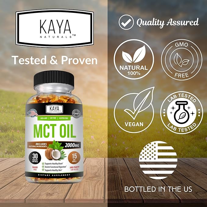 Kaya Naturals MCT Oil 2000mg - Non-GMO, Soy-Free, Gluten-Free - Brain, Digestive & Skin Health - 30 Softgels