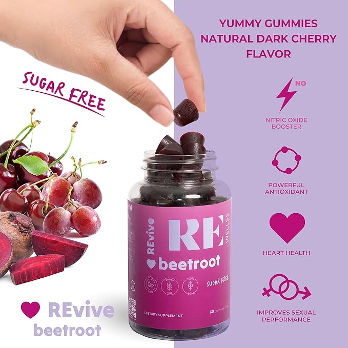 Beet Root Gummies with Grape Seed Extract Energy Supplements I Sugar Free Nitric Oxide Supplements for Men & Women I Heart Healthy Energy & Blood Pressure Support I 60 Gummies - Cherry Flavor
