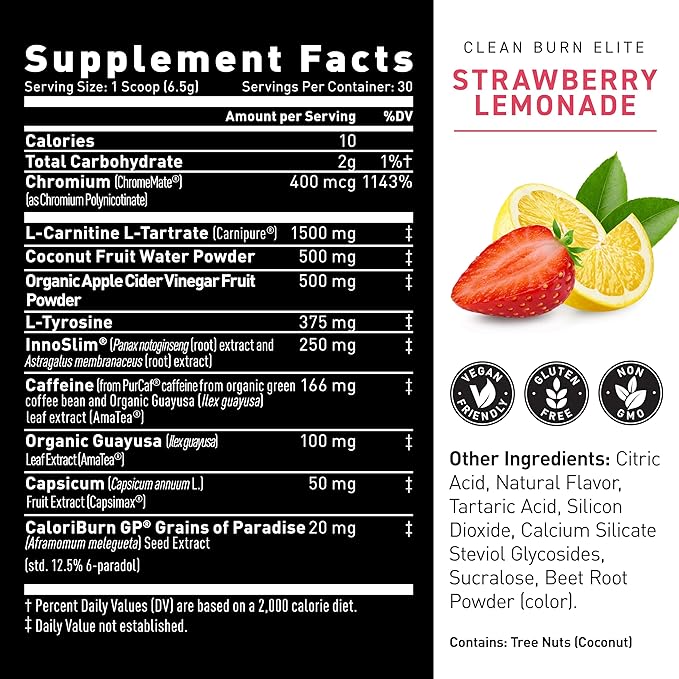 Kaged Thermogenic Powder Clean Burn Elite | Strawberry Lemonade | Men & Women | Weight Management Supplement | Organic Caffeine & Apple Cider Vinegar | 30 Servings