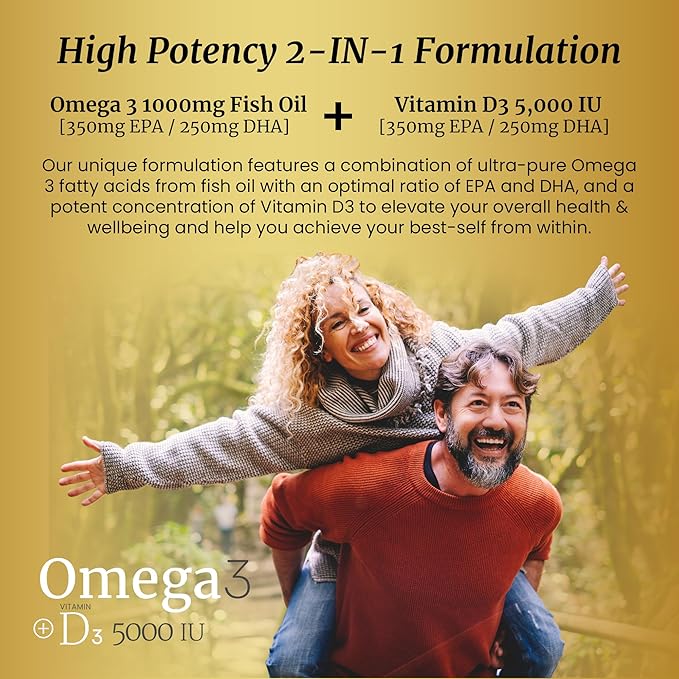 Omega 3 Fish Oil Supplement D3 5000 5000 IU 1000mg Triglyceride Omega-3 Fish 3 Blend D3 & 3-90CT