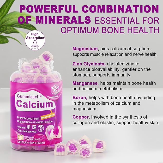 Sugar-Free Calcium Citrate Gummies 1000mg w/Vitamin D3 K2, K2, Magnesium, 60 Count