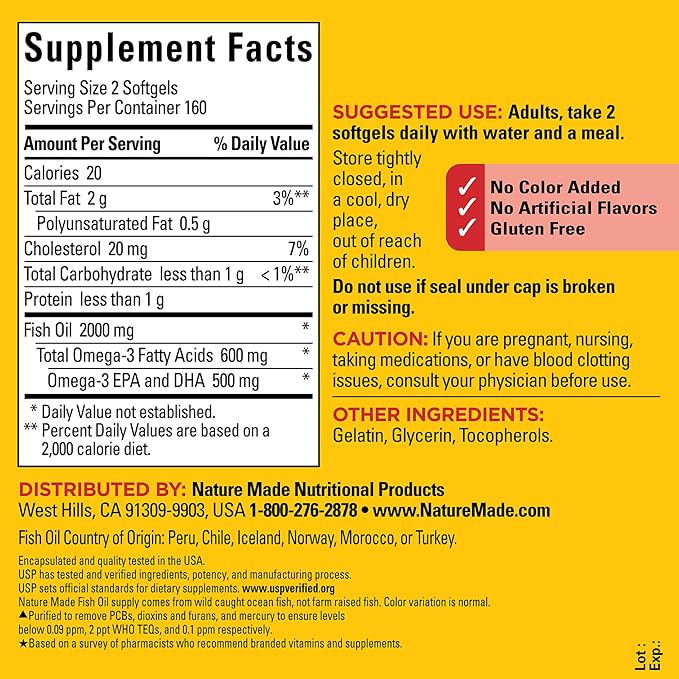 Nature Made Fish Oil 1000 mg 3 Fish 3 Supplement 320 Softgels, 160 Day