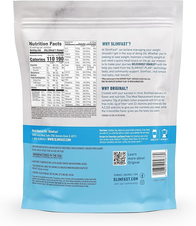SlimFast Meal Replacement Powder, Original French Vanilla, Shake Mix, 10g of Protein, 52 Servings
