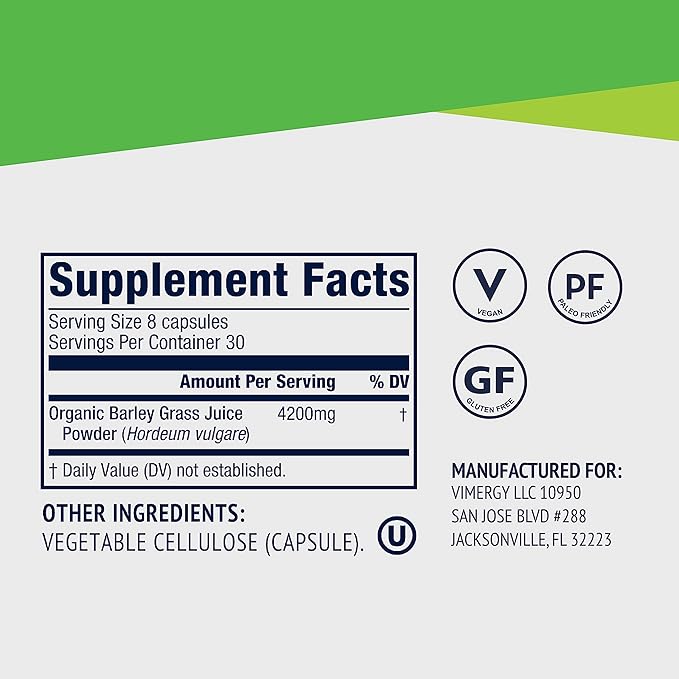 Vimergy Barley Grass Juice Capsules– Clean Superfood-Packed Capsule – Promotes Cardiovascular Health* – Non-GMO, Vegan & Gluten-Free – 240 caps