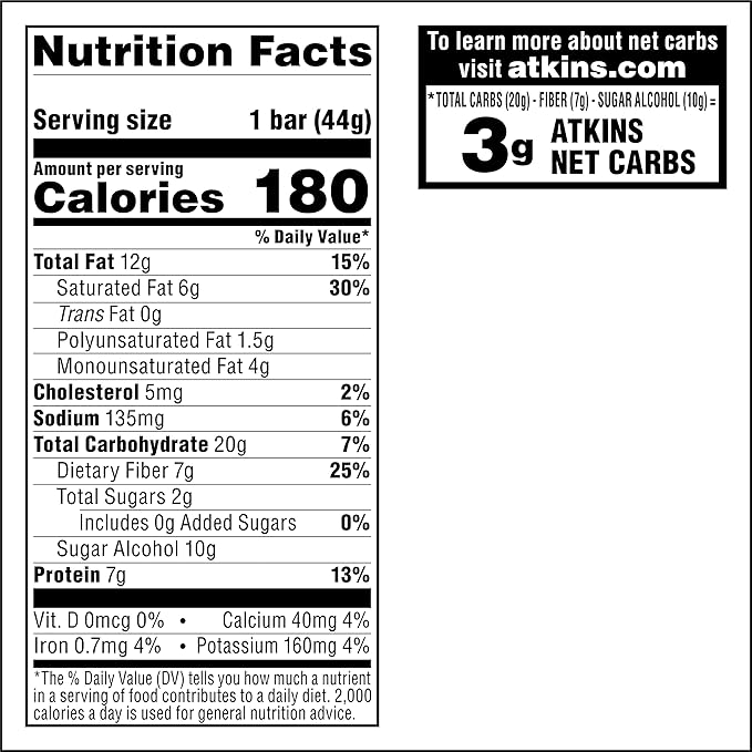Atkins Caramel Chocolate Nut Roll Snack Bar, Protein Snack, High in Fiber, 2g Sugar, 16 Count