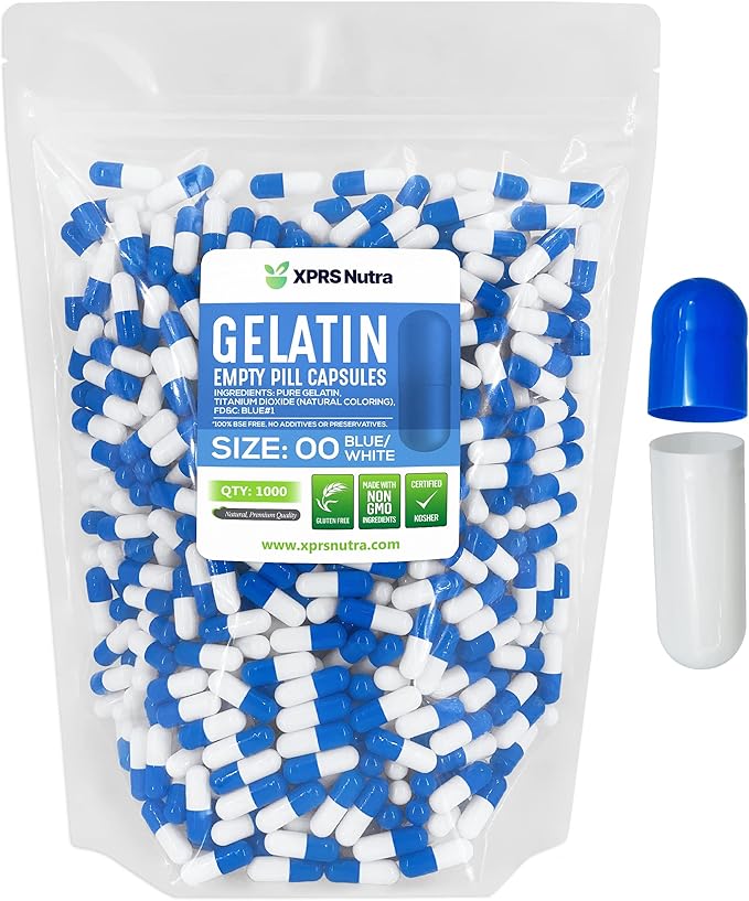 XPRS Nutra Size 00 Empty Capsules - 1000 Count Empty Gelatin Capsules - Empty Pill Capsules - DIY Capsule Filling - Fillable Pill Capsules Empty Gel Caps (Blue/White)