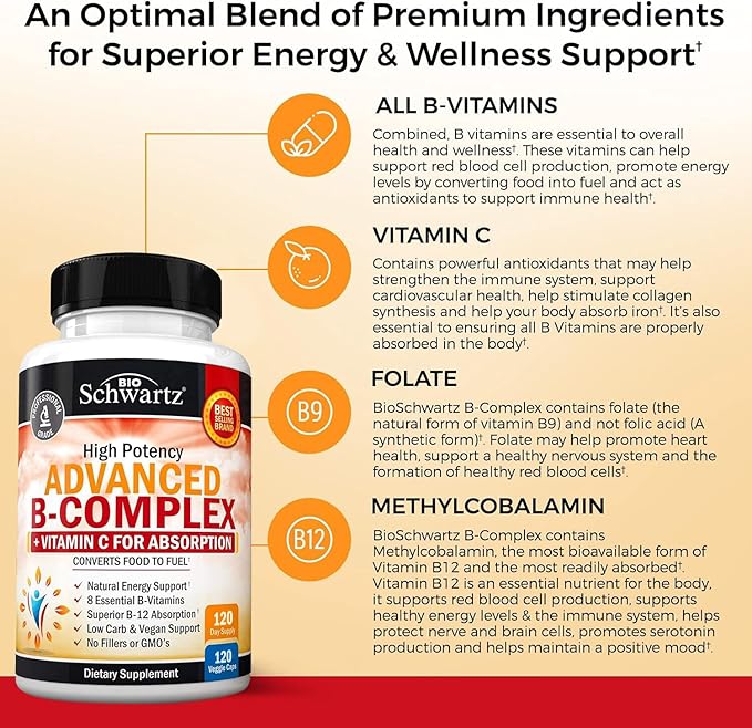 Vitamin B Complex with Vitamin C b12 & B1 B2 B2 B3 B3 B5 B5 B6 B6 B7 B7 B9 B9 for 120ct