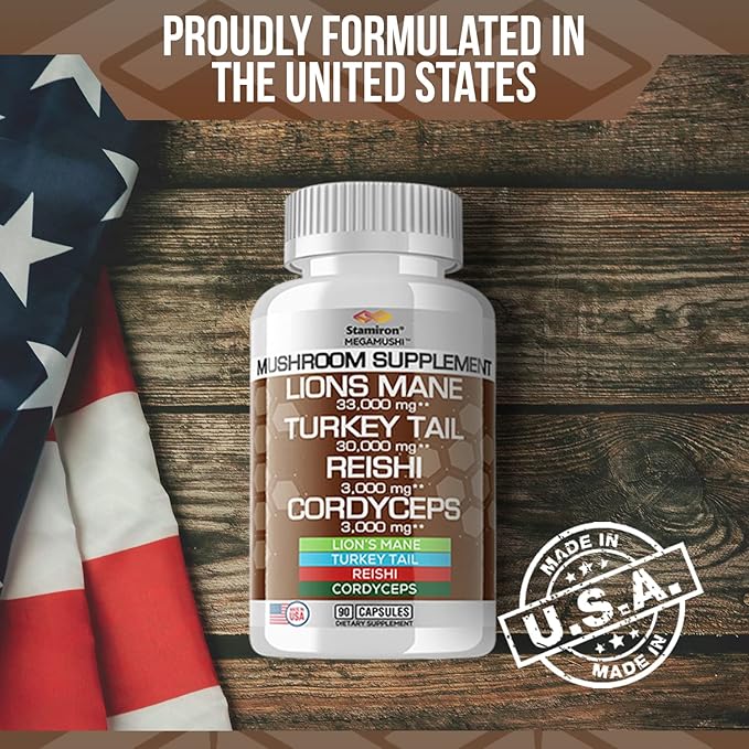 Stamiron Lions Mane Supplement Turkey Tail Mushroom Capsules with Cordyceps Extract & Reishi Mushrooms - Alt to Mushroom Gummies, Mushroom Powder, Mushroom Coffee - 90 Count