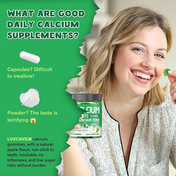 Calcium Citrate 1200 mg with Vitamin D3 Gummies, Calcium Citrate Magnesium Zinc with Vitamin D3 Supplement for Women & Men Bone & Teeth Support, Natural Apple Flavor - 30 Day Vegan Supply
