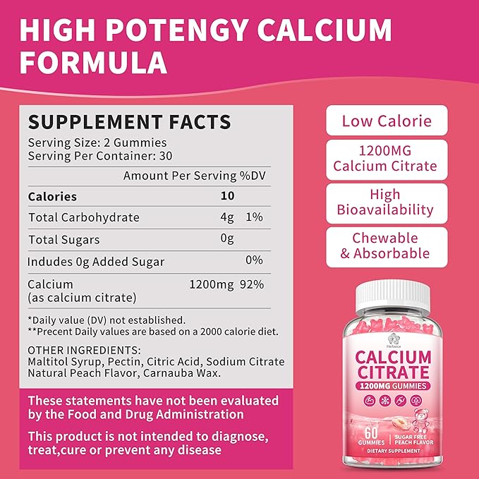 Calcium Citrate Gummies 1200 mg for Adults, High Absorption Pure Calcium Supplement for Women & Men, Sugar Free, Non-GMO, Gluten Free, Supports Muscle & Immune - Natural Peach Flavor, 120 Gummies