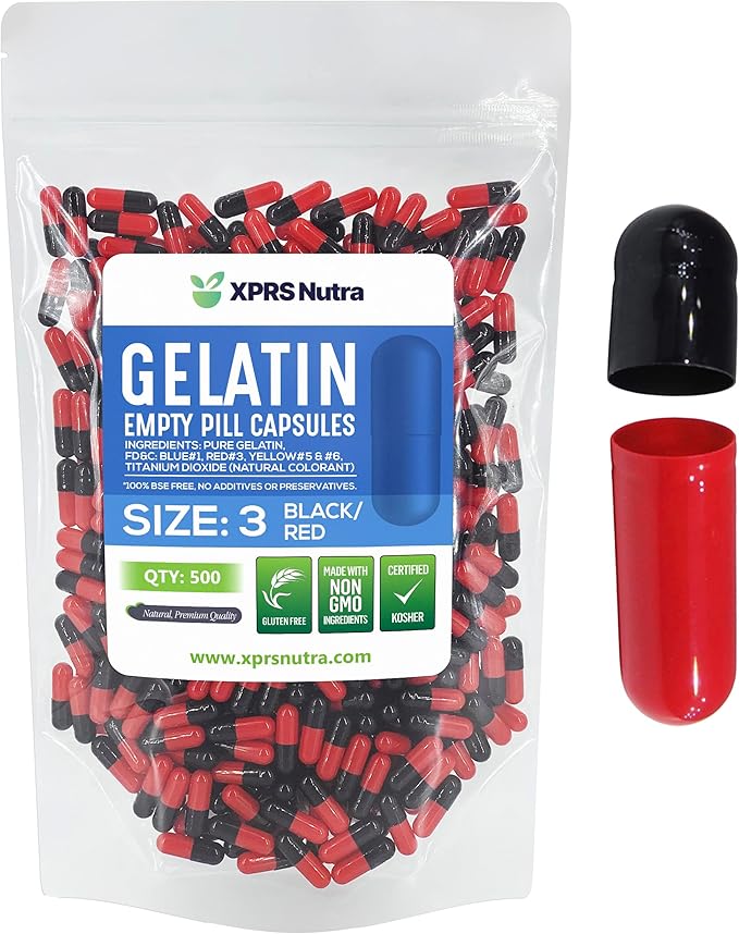 XPRS Nutra Size 3 Empty Capsules - 500 Count Empty Gelatin Capsules - Empty Pill Capsules - DIY Capsule Filling - Pure Bovine Pill Capsules Empty Gel Caps (Black/Red)