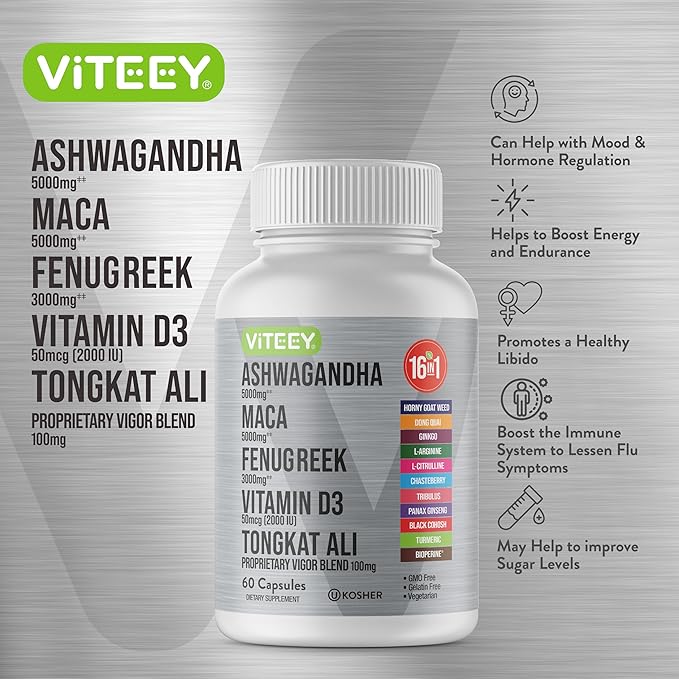 Ashwagandha 5000mg, Black Maca Root 5000mg, Fenugreek 3000mg, Vitamin D3 2,000 IU with Tongkat Ali & Proprietary Vigor Blend 100mg - Calm, Relax, Mood Support for Women & Men - 60 Capsules