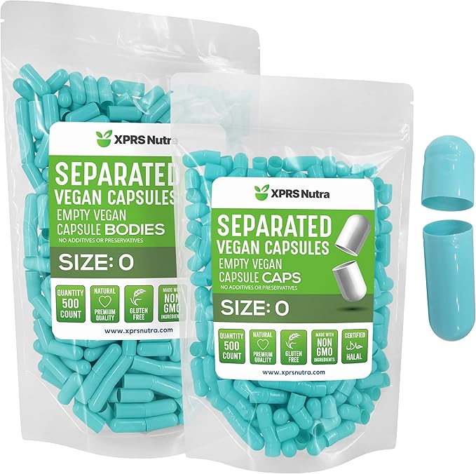 XPRS Nutra Vegan Size 0 Separated Capsules - 500 Count Premium Empty Capsules Separated in Bags - Separated Empty 0 Capsules - Pill Capsules Empty for DIY Supplement Filling (Aqua)