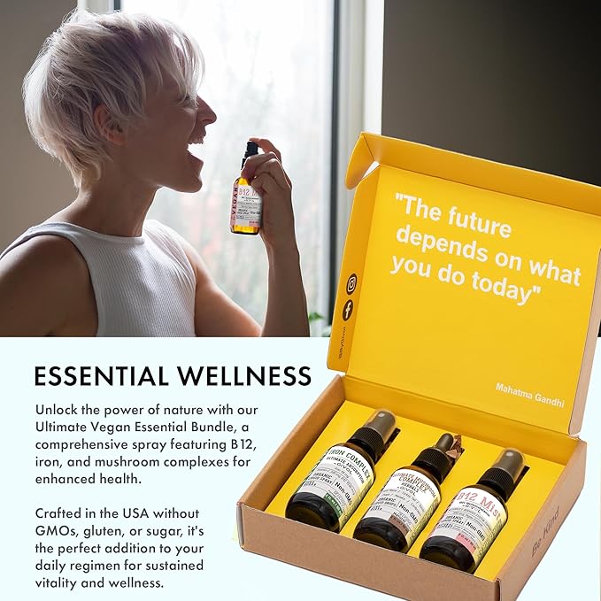 Ultimate Vegan Essential Bundle Liquid Spray- B12 Methylcobalamin, 2 Fl 360 Days