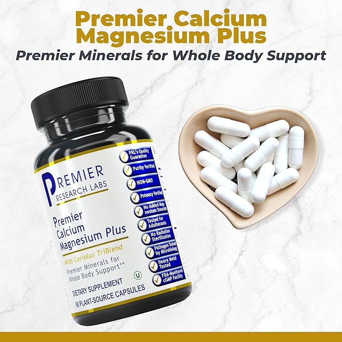 Premier Research Labs Calcium Magnesium Plus - Calcium Magnesium Supplement, Calcium Supplement for Bone Health, with Mushroom Complex - Reishi & Lions Mane - 90 Vegetarian Capsules