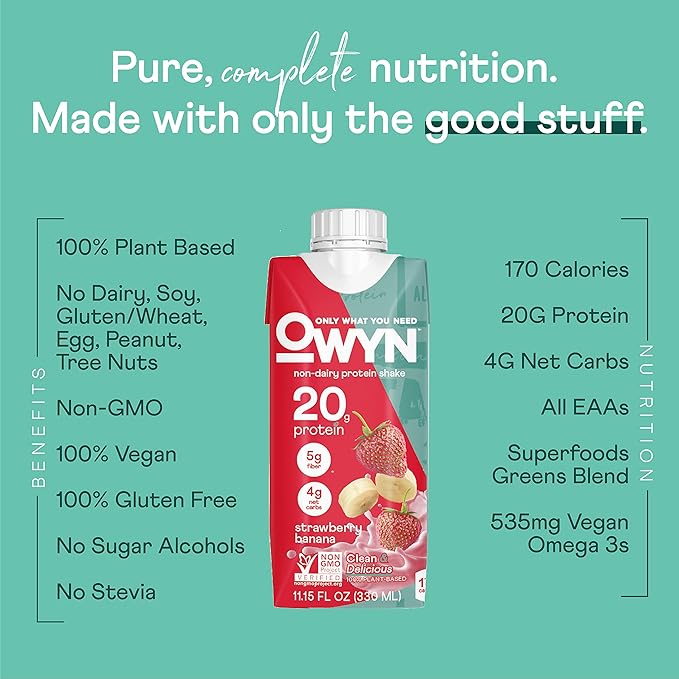 OWYN Only What You Need Vegan Protein Shake, Strawberry Banana, 20g Plant Based Protein, Omega-3, Prebiotic Supplements, Gluten-Free, Soy-Free, Non-GMO (36 Pack) (Packaging May Vary)