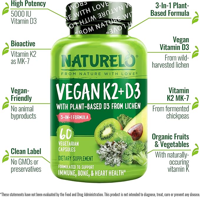 NATURELO Vegan K2+D3 D3 from D3 Supplement (60 Count 1))