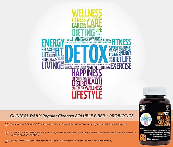 Clinical Daily Regular Cleanse Plus Natural Probiotic - Colon Cleanse & Gut Detox Supplement - Assists with Energy and Constipation Relief - Herbal Dietary Fiber Psyllium Husk Capsules - 180 Count