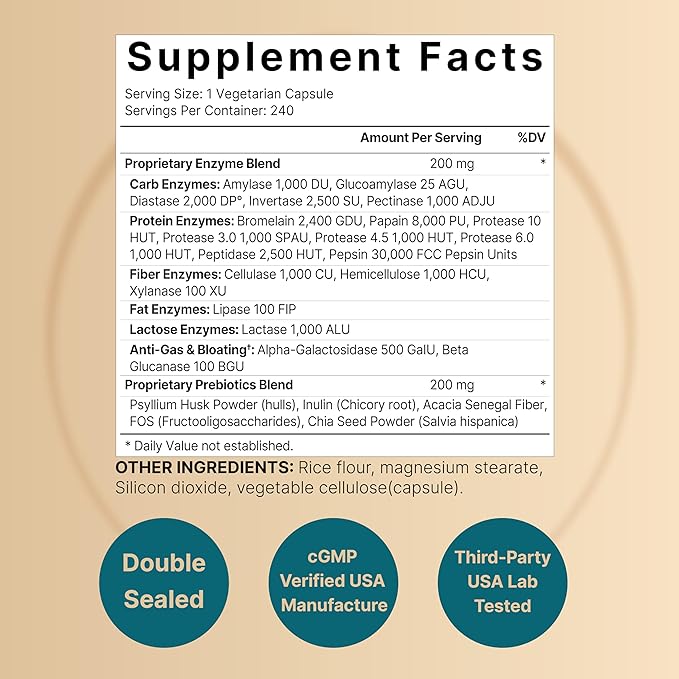 NatureBell Digestive Enzymes with Prebiotics 240 Veggie 20 Enzyme 5 Prebiotic