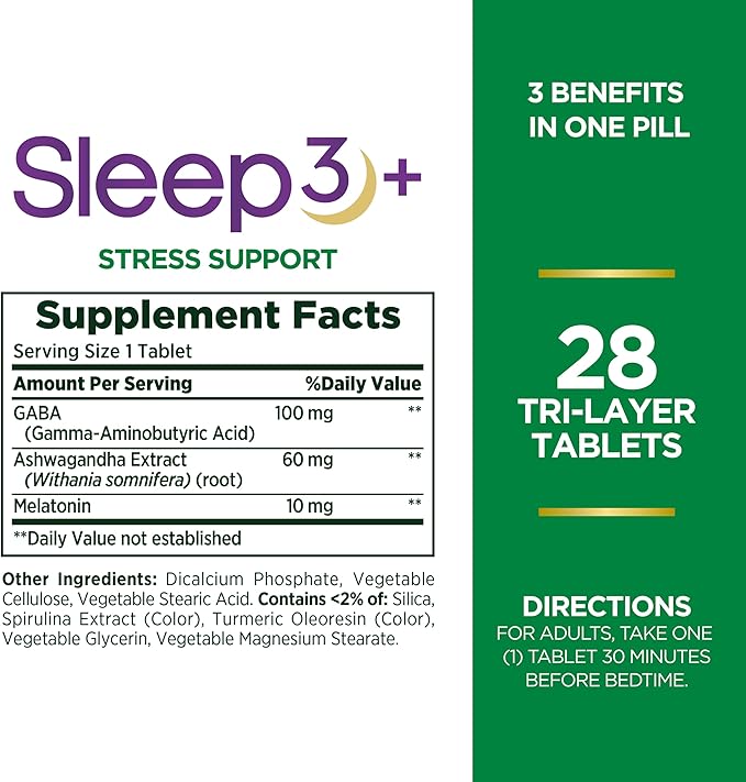 Nature's Bounty Stress Support Melatonin, Sleep3 100% Drug 10mg, 28 28 Tri-Layered