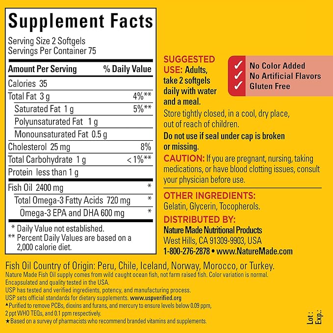 Nature Made Fish Oil 1200 mg 3 Fish 3 Supplement 150 Softgels, 75 Day
