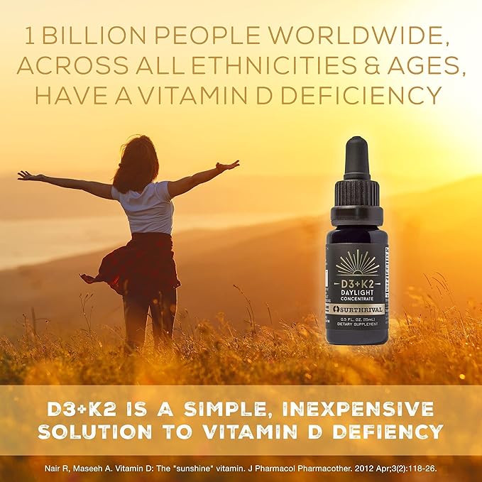 Surthrival: Vitamin D3+K2 Daylight Concentrate, AKA The Sunshine Vitamin, 0.5 oz, Approx. 270 Servings, Supports Immune, Cardiovascular & Bone Health