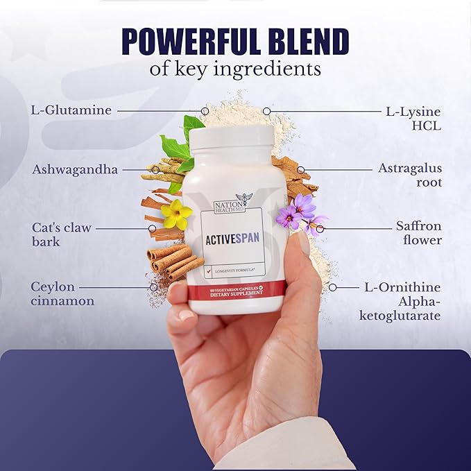 ActiveSpan- Longevity Formula Supplement with Ashwagandha, Cat’s Claw, Astragalus - Telomere Lengthening Supplements - Stem Cell Regeneration, 60 Capsules