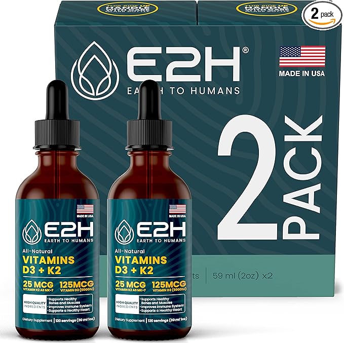 E2H EARTH TO HUMANS Vitamin D3 & K2 Supplement for Immune Support - Liquid Vitamin D3 5000 IU - Made in The USA | Non-GMO, Vegan - (2 Bottles)