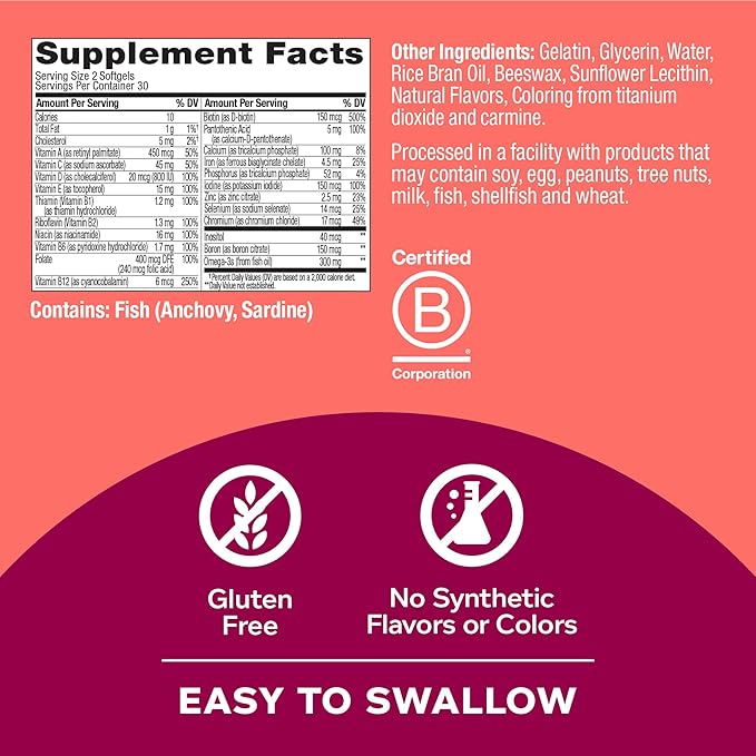 OLLY Ultra Women's Multi Softgels, Overall Omega-3s, Iron, B12, Daily 30 Day 60 Count