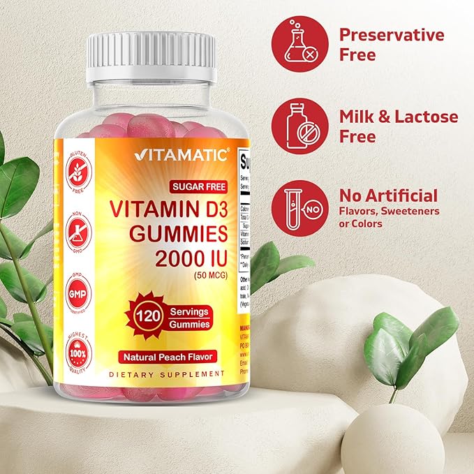 Vitamatic Sugar Free Vitamin D3 2000 IU - 120 Pectin Based Gummies - Great Taste - Healthy Bones, Mood & Immune System Function - Non-GMO - 120 Servings