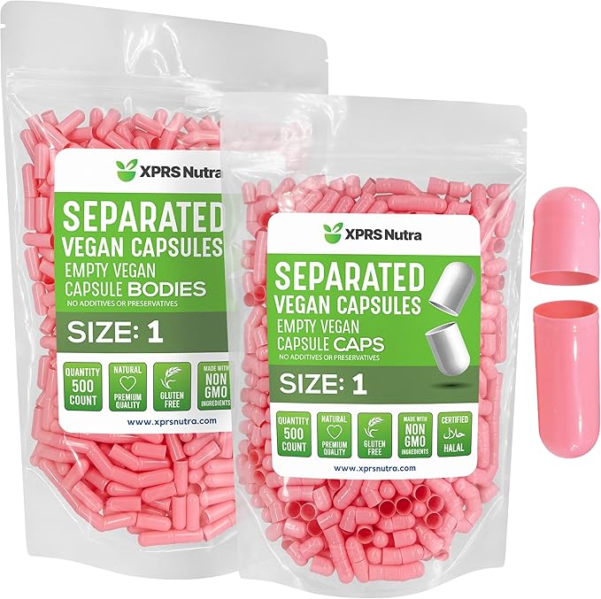 XPRS Nutra Vegan Size 1 Separated Capsules - 500 Count Premium Empty Capsules Separated in Bags - Empty Capsules - Separated Empty Capsules - Pill Capsules Empty for DIY Supplement Filling (Pink)
