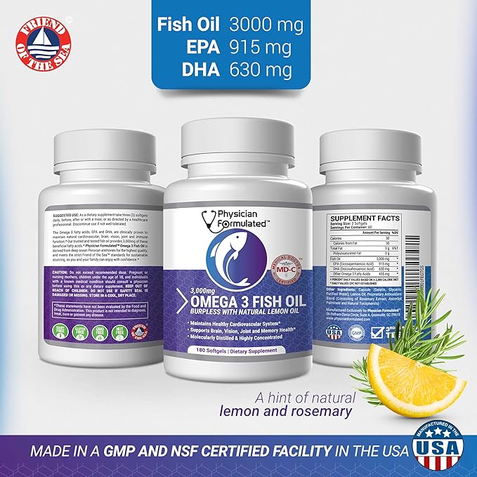 Fish Oil Omega 3 3000mg per Serving 915mg Epa, 630mg Dha, 2000mg Total 3 6 6 9 9 XL 180 Capsules