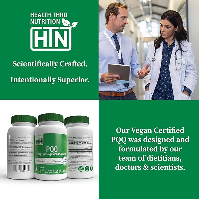 Health Thru Nutrition PQQ 40mg 120 Servings Pyrroloquinoline Quinone as PureQQ | Promotes Mitochondrial Biogenesis | Certified Vegan | Non-GMO Gluten Soy Free Capsules| Clean Label PQQ Supplement